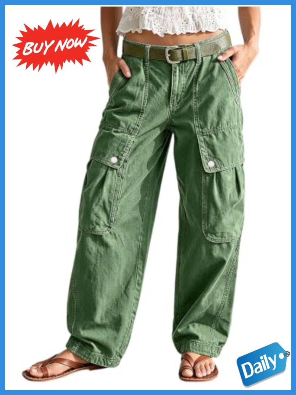 Flamingals Cargo Pants Wide Leg Mid Rise Flap Pockets Cotton Spandex
